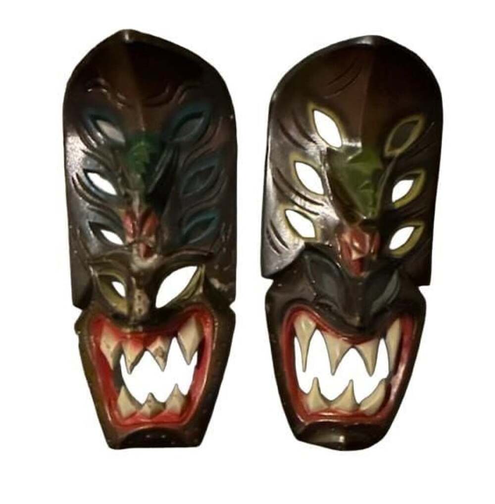 Hand Carved Wooden Tiki Wall Masks Pair